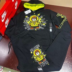 Whitetag Mens Black Graphic Long Sleeve Hoodie Tapered Jogger Tracksuit Set